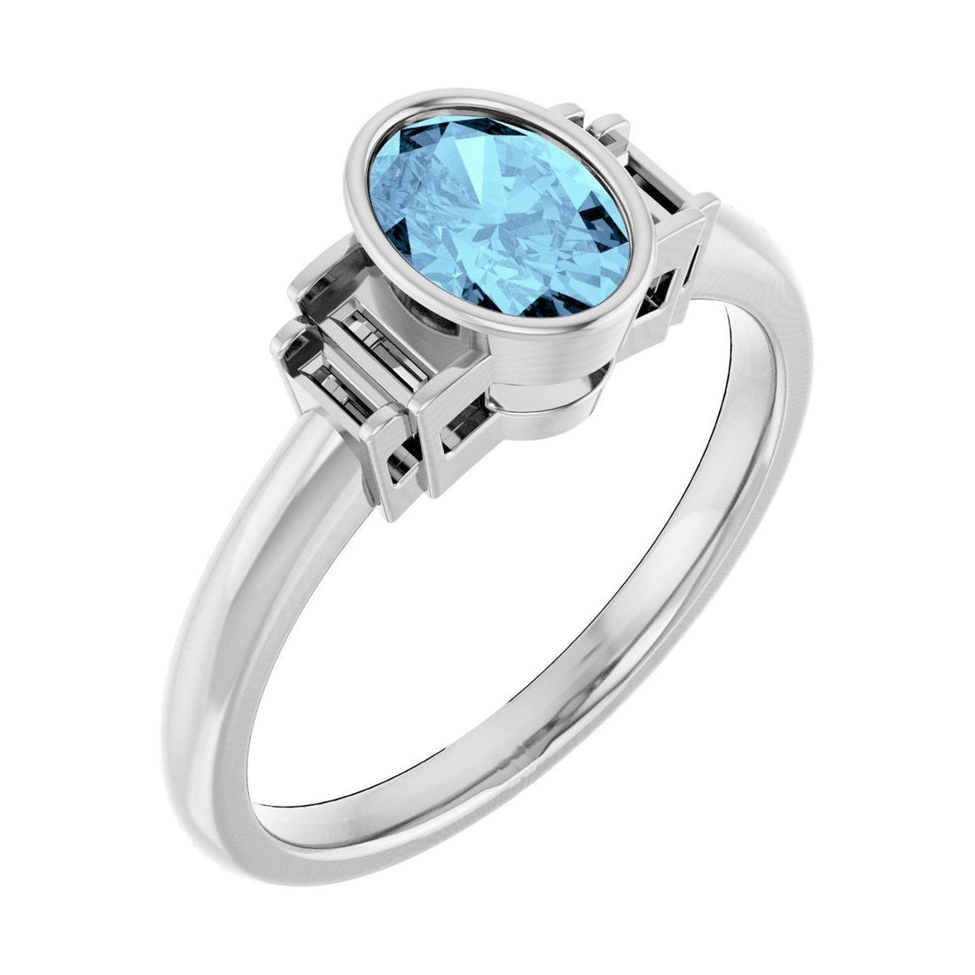 Oval Aquamarine Bezel-Set Engagement Ring in 14K White Gold with 1.0 ct oval diamond