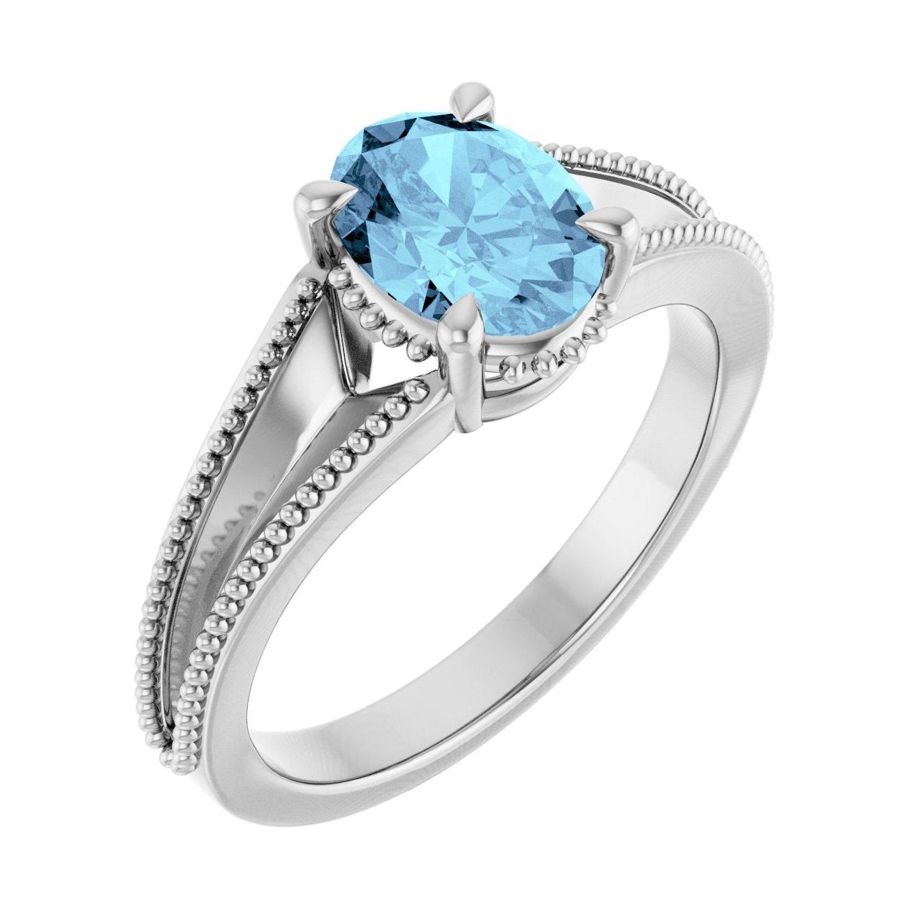 Oval Aquamarine Claw-Prong Solitaire Engagement Ring in 14K White Gold with 1.5 ct oval diamond