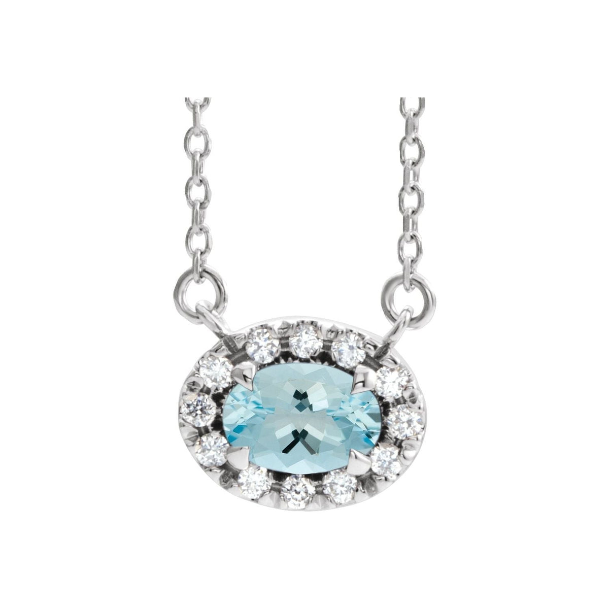 Oval Aquamarine Pendant, Diamond Halo in 14K White Gold