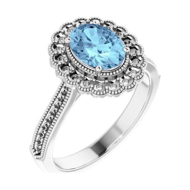 Oval Aquamarine Halo Engagement Ring in 14K White Gold with 1.5 ct oval diamond