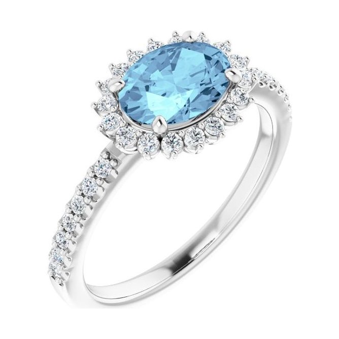 Oval Aquamarine Halo Engagement Ring in 14K White Gold with 1.5 ct oval diamond