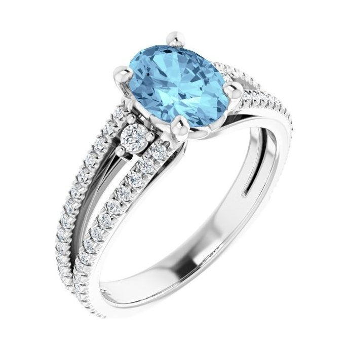 Oval Aquamarine Pavé Engagement Ring in 14K White Gold with 1.5 ct oval diamond