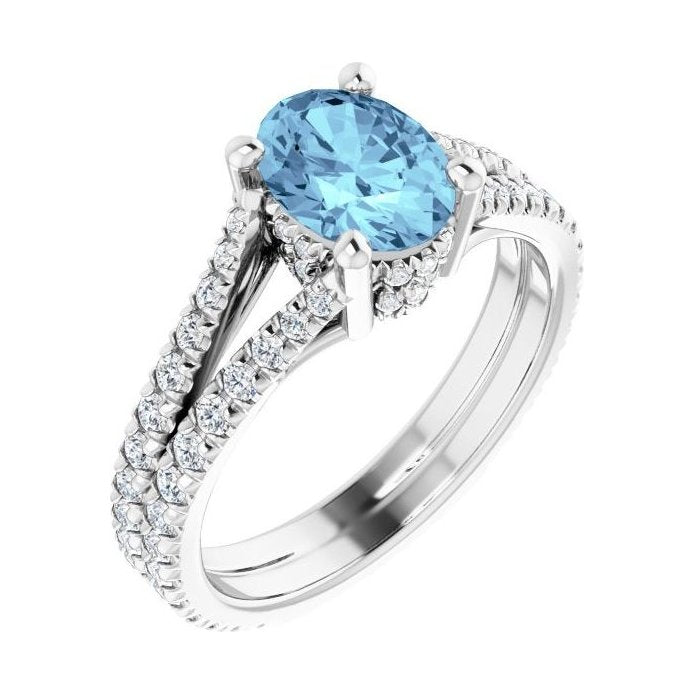 Oval Aquamarine Pavé Engagement Ring in 14K White Gold with 1.5 ct oval diamond