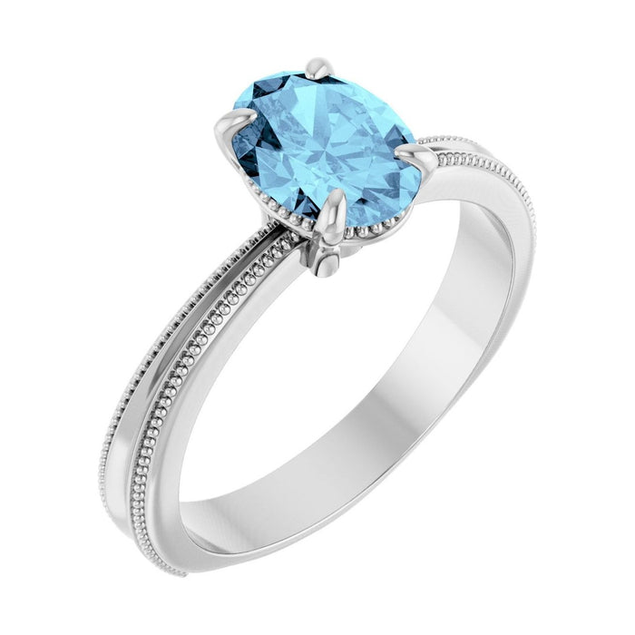 Oval Aquamarine Solitaire Engagement Ring in 14K White Gold with 1.5 ct oval diamond