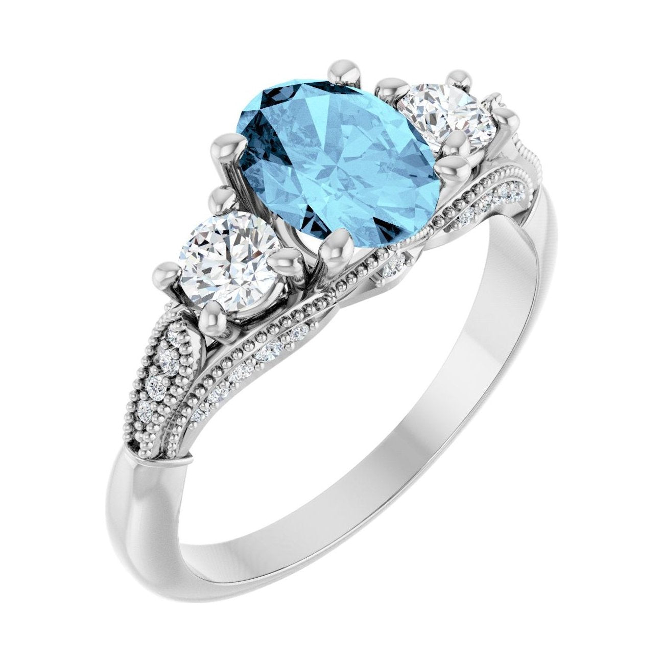 Oval Aquamarine Three-Stone Engagement Ring in 14K White Gold with 1.5 ct oval diamond