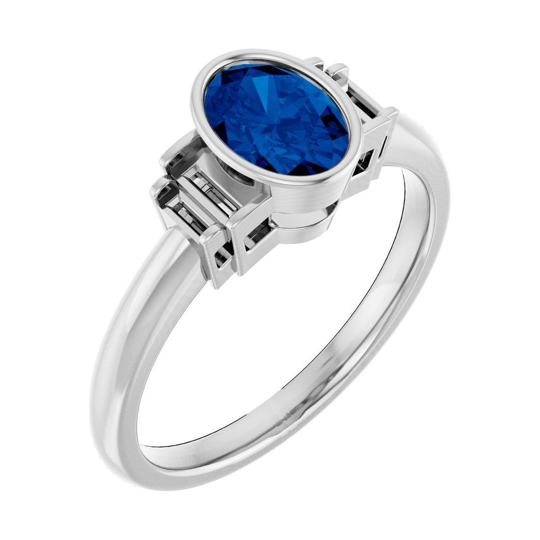 Oval Blue Sapphire Bezel-Set Engagement Ring in 14K White Gold with 1.0 ct oval diamond