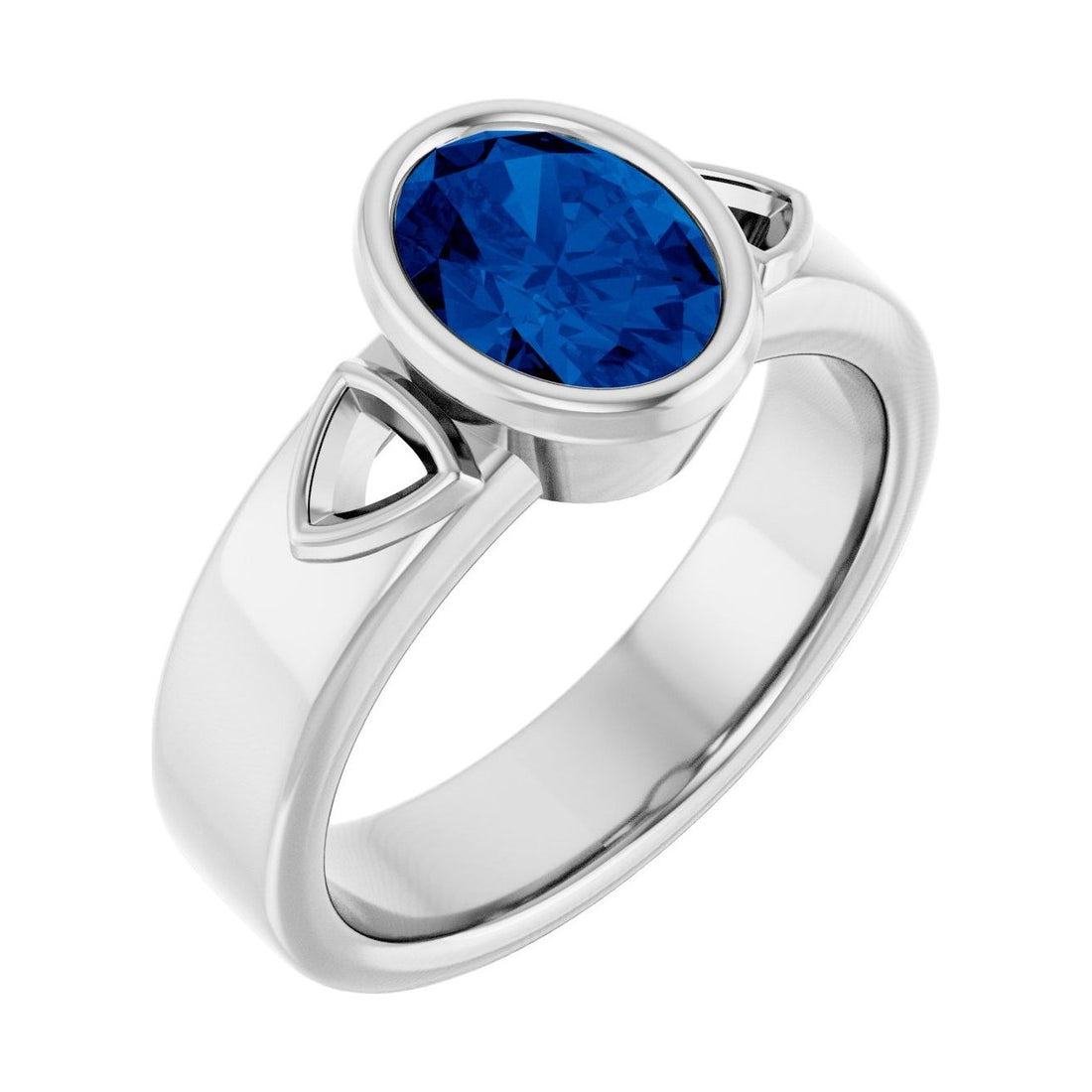 Oval Blue Sapphire Bezel-Set Engagement Ring in 14K White Gold with 1.5 ct oval diamond