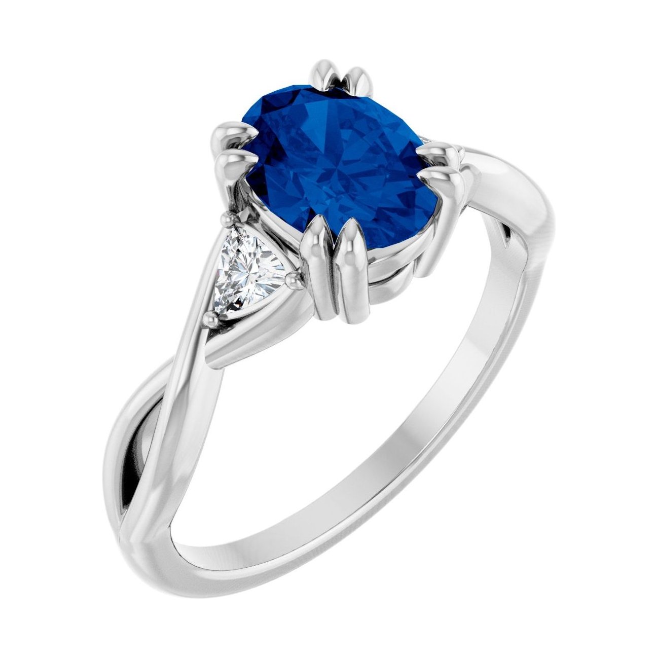 Oval Blue Sapphire Double Claw-Prong Three-Stone Engagement Ring in 14K White Gold with 1.5 ct oval diamond