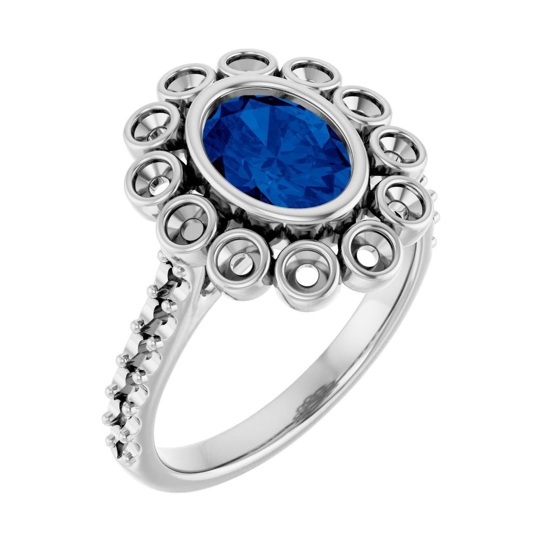 Oval Blue Sapphire Halo-Accented Bezel-Set Engagement Ring in 14K White Gold with 1.5 ct oval diamond