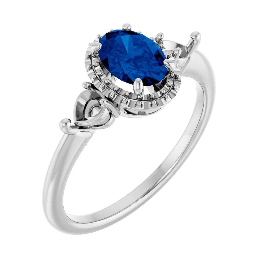 Oval Blue Sapphire Halo-Accented Three-Stone Engagement Ring in 14K White Gold with 1.0 ct oval diamond