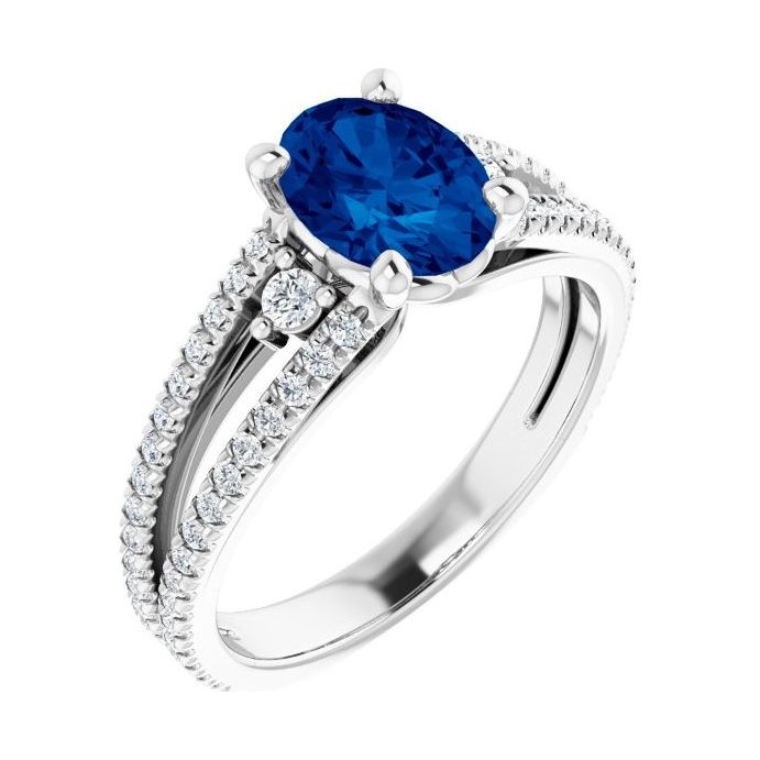 Oval Blue Sapphire Pavé Engagement Ring in 14K White Gold with 1.5 ct oval diamond