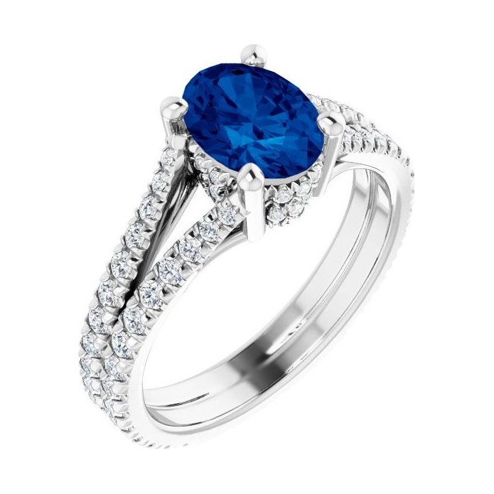 Oval Blue Sapphire Pavé Engagement Ring in 14K White Gold with 1.5 ct oval diamond