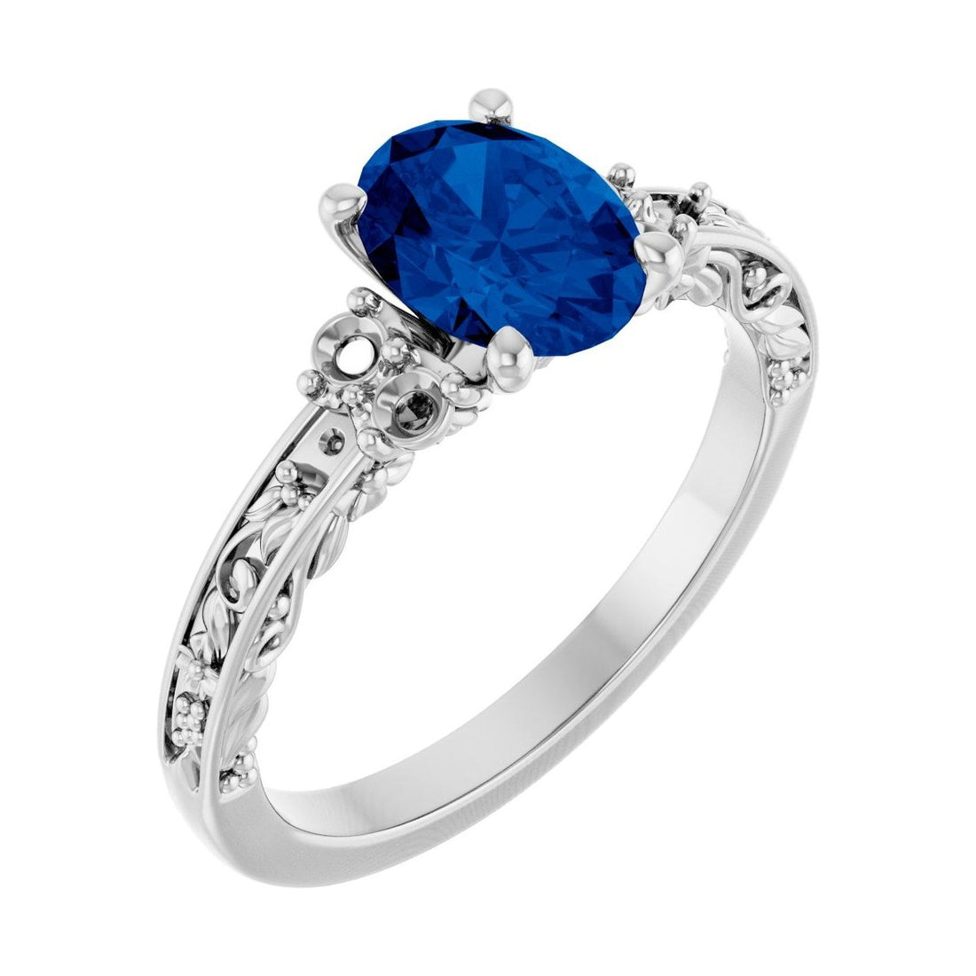 Oval Blue Sapphire Sculptural Pavé Engagement Ring in 14K White Gold with 1.5 ct oval diamond