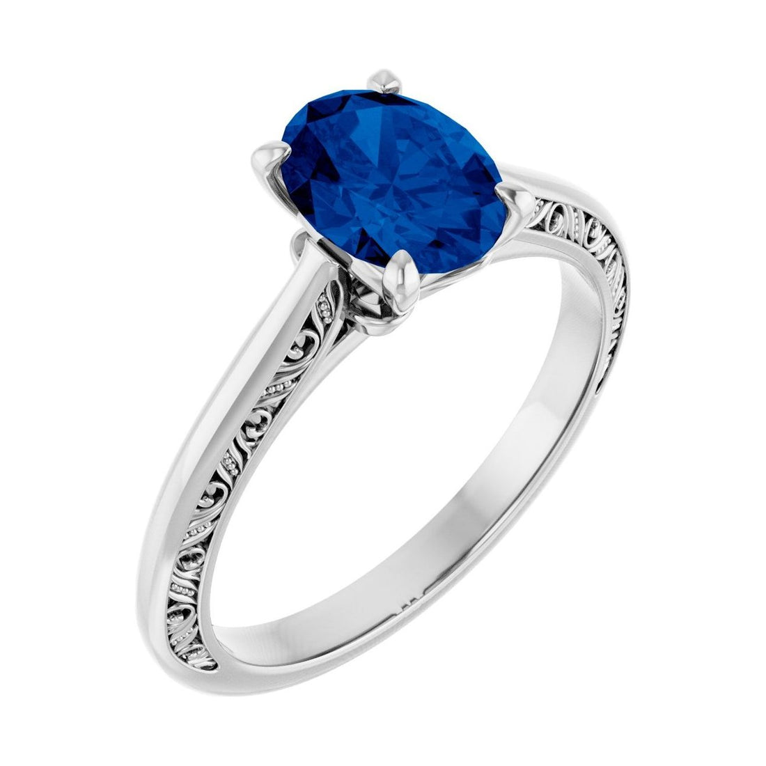 Oval Blue Sapphire Sculptural Solitaire Engagement Ring in 14K White Gold with 1.5 ct oval diamond