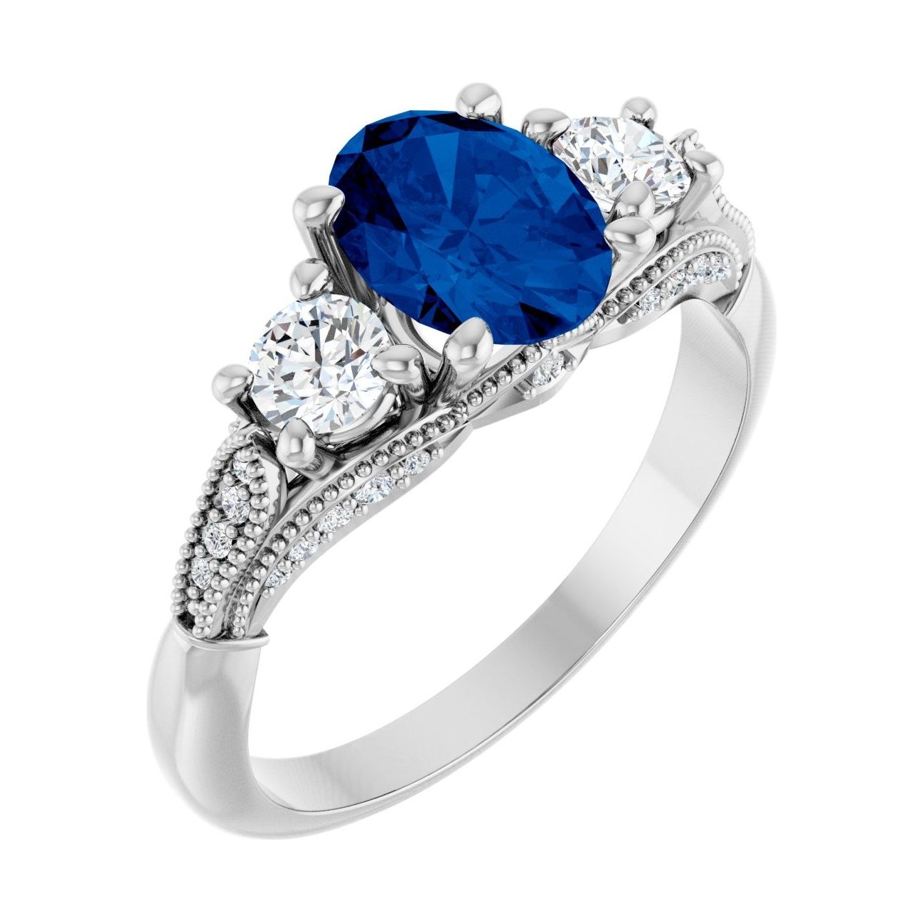 Oval Blue Sapphire Three-Stone Engagement Ring in 14K White Gold with 1.5 ct oval diamond
