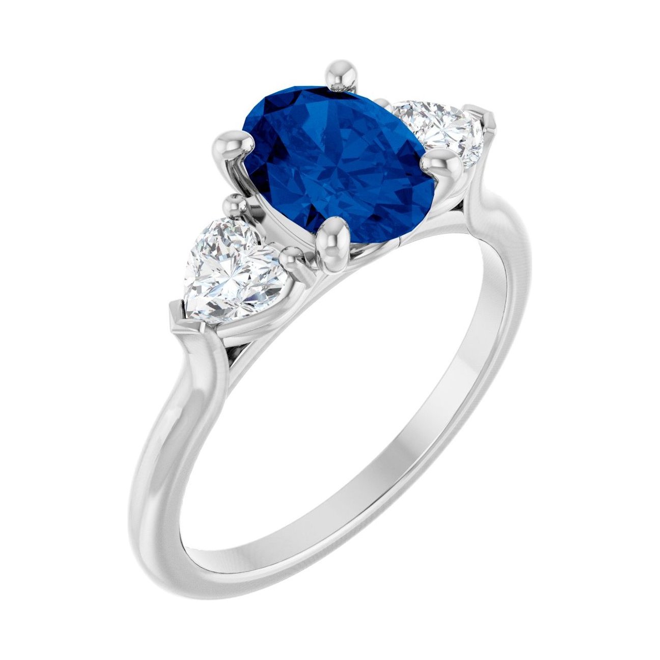 Oval Blue Sapphire Three-Stone Engagement Ring in 14K White Gold with 1.5 ct oval diamond