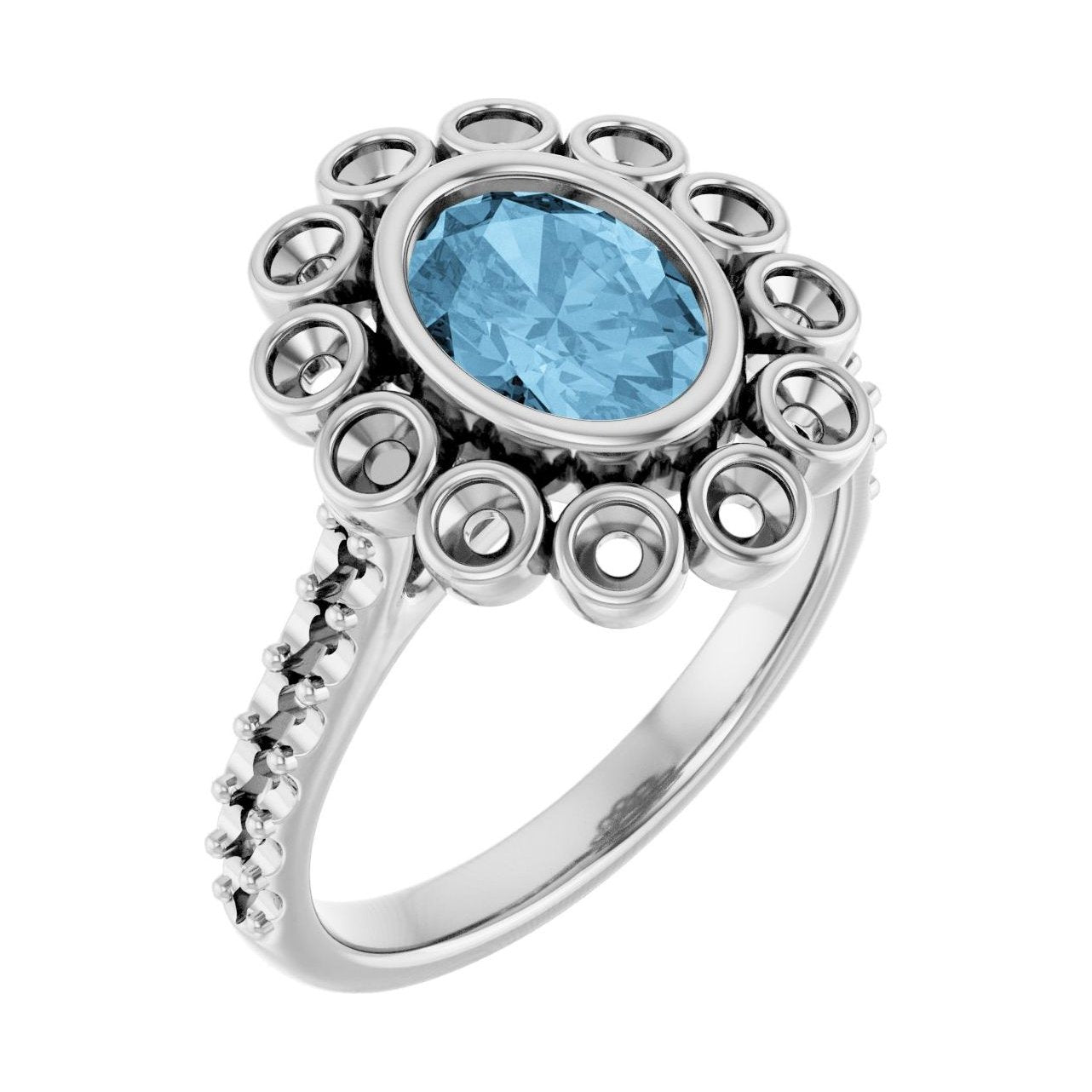 Oval Blue Topaz Halo-Accented Bezel-Set Engagement Ring in 14K White Gold with 1.5 ct oval diamond