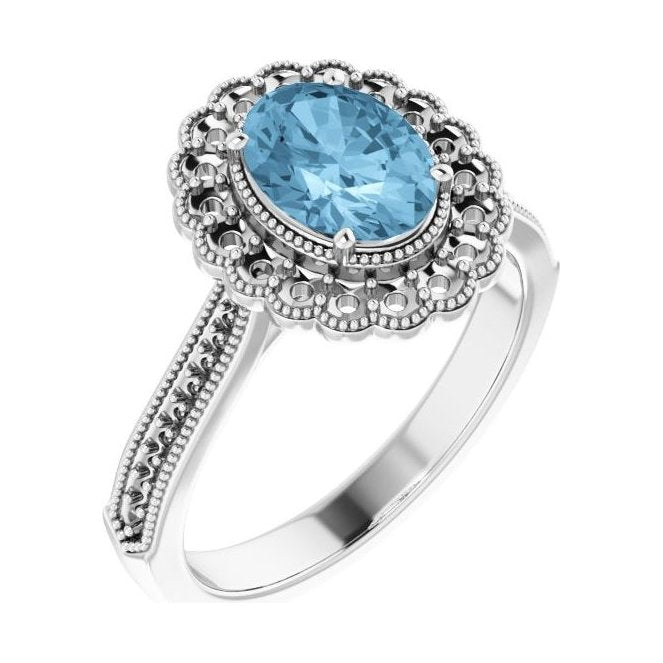 Oval Blue Topaz Halo Engagement Ring in 14K White Gold with 1.5 ct oval diamond