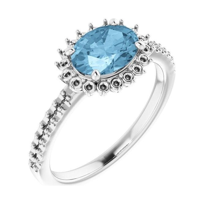 Oval Blue Topaz Halo Engagement Ring in 14K White Gold with 1.5 ct oval diamond