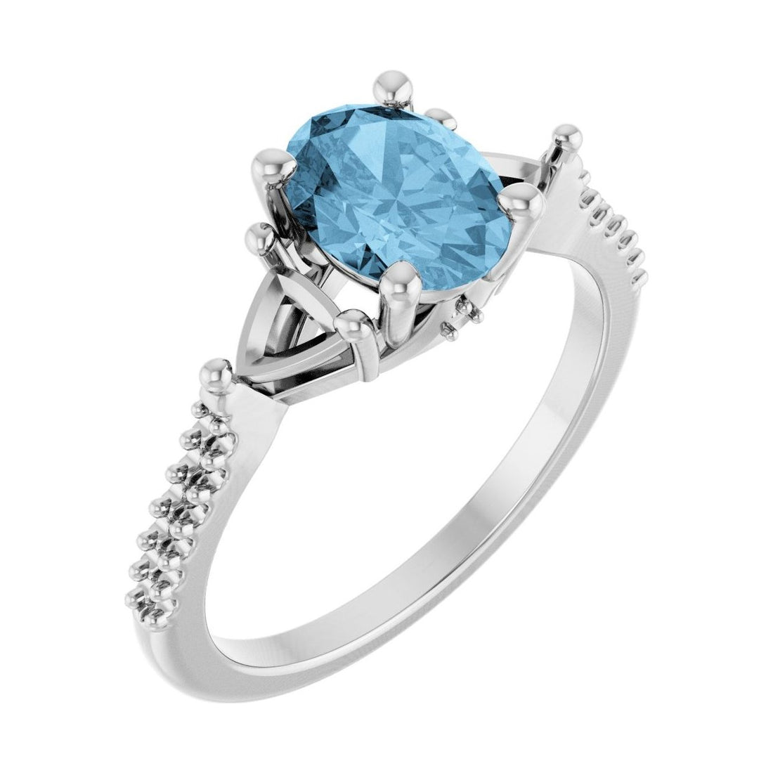 Oval Blue Topaz Three-Stone Engagement Ring in 14K White Gold with 1.5 ct oval diamond