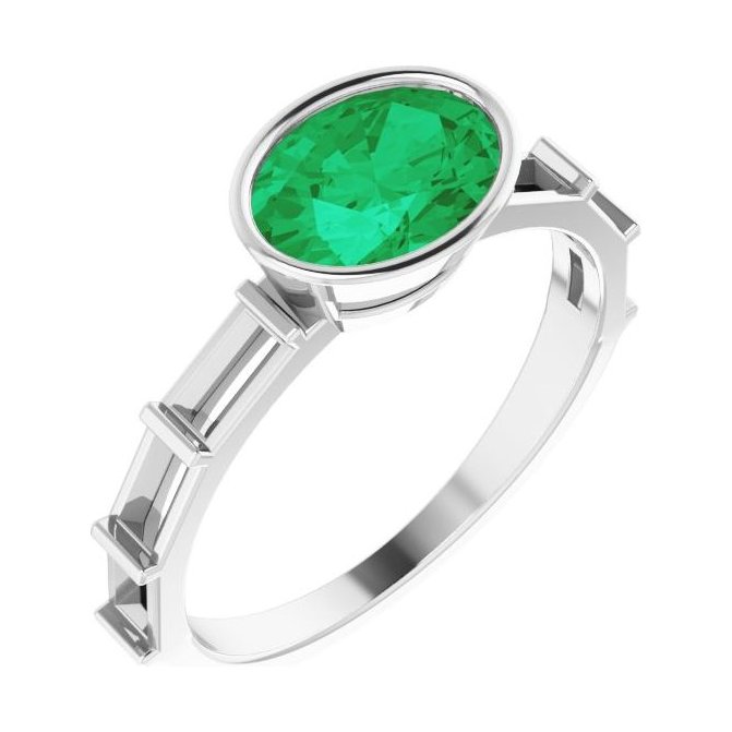 Oval Emerald Bezel-Set Engagement Ring in 14K White Gold with 1.5 ct oval diamond