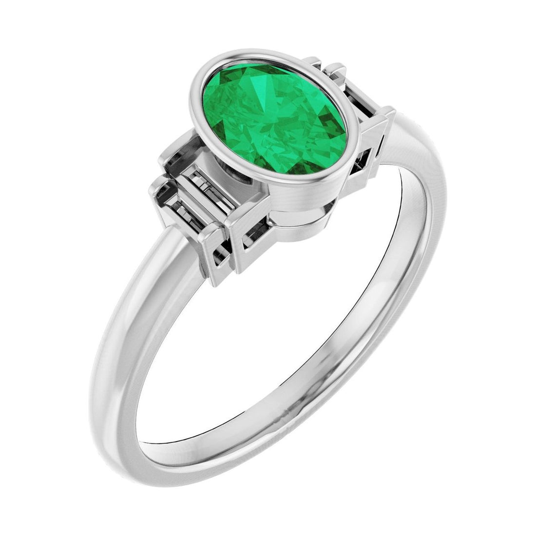 Oval Emerald Bezel-Set Engagement Ring in 14K White Gold with 1.0 ct oval diamond
