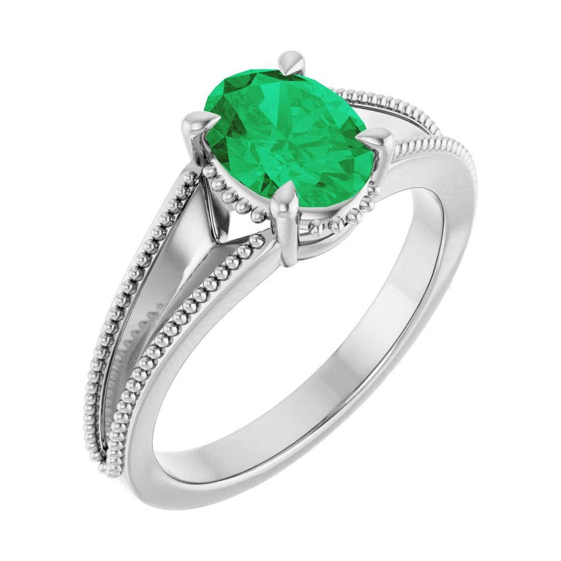 Oval Emerald Claw-Prong Solitaire Engagement Ring in 14K White Gold with 1.5 ct oval diamond