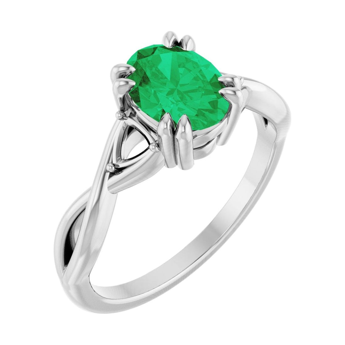 Oval Emerald Double Claw-Prong Three-Stone Engagement Ring in 14K White Gold with 1.5 ct oval diamond