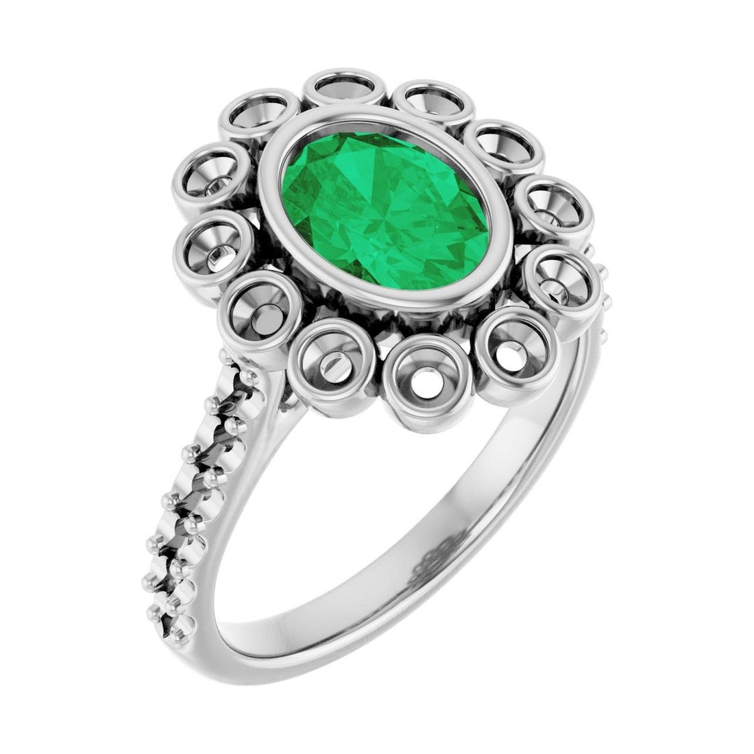 Oval Emerald Halo-Accented Bezel-Set Engagement Ring in 14K White Gold with 1.5 ct oval diamond