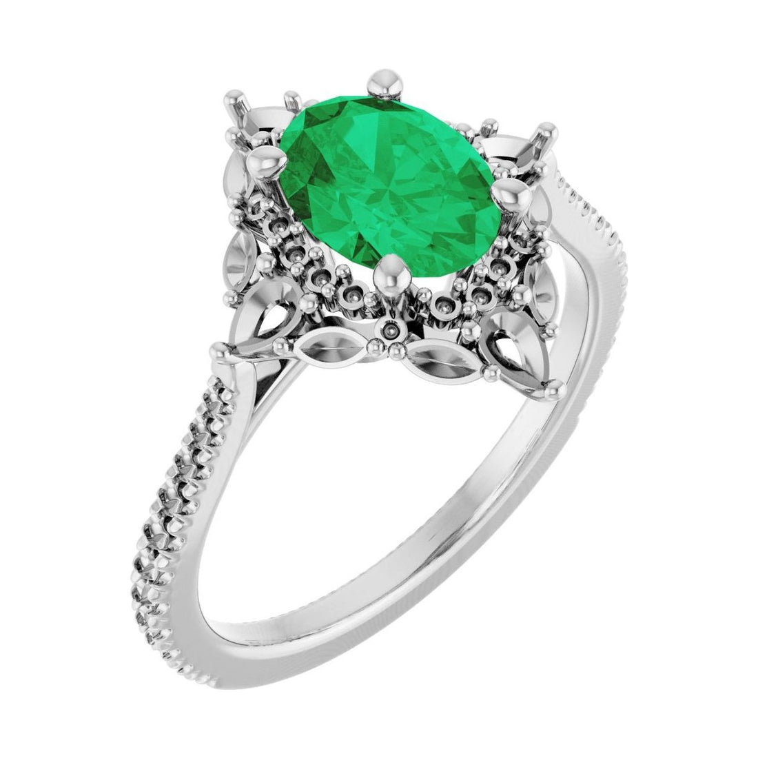 Oval Emerald Halo Engagement Ring in 14K White Gold with 1.5 ct oval diamond