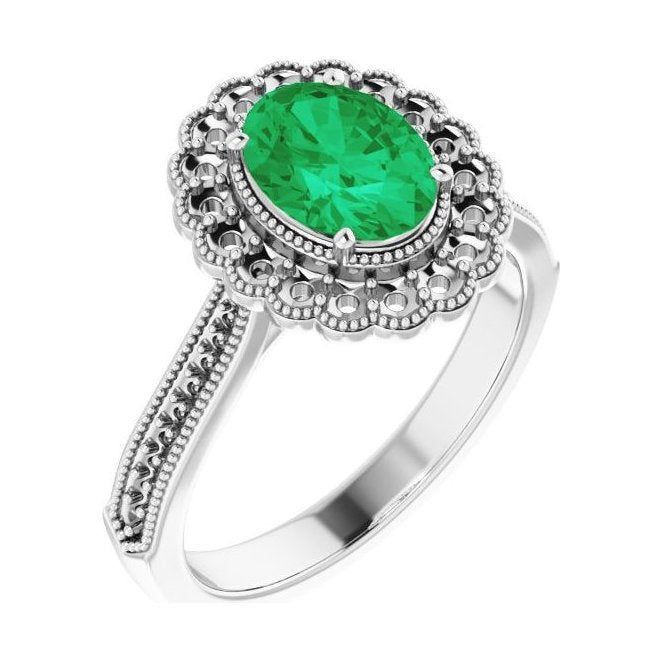 Oval Emerald Halo Engagement Ring in 14K White Gold with 1.5 ct oval diamond