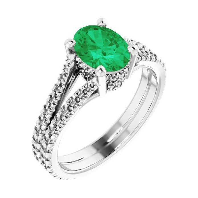 Oval Emerald Pavé Engagement Ring in 14K White Gold with 1.5 ct oval diamond