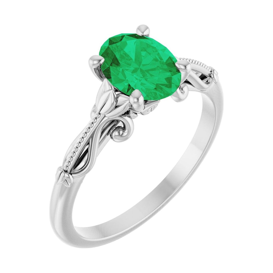 Oval Emerald Sculptural Solitaire Engagement Ring in 14K White Gold with 1.5 ct oval diamond