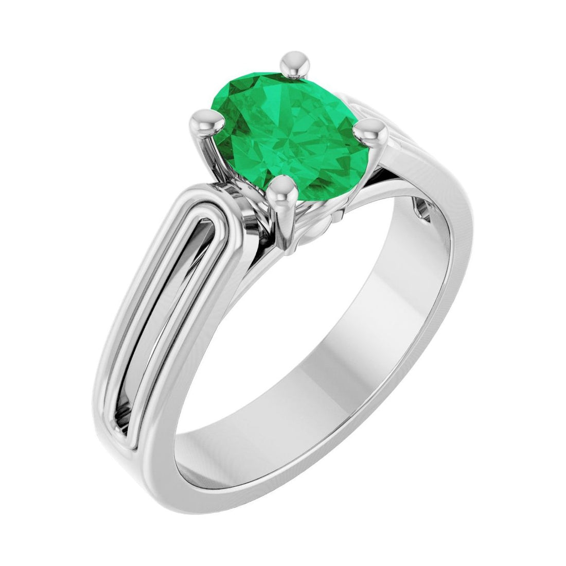 Oval Emerald Solitaire Engagement Ring in 14K White Gold with 1.5 ct oval diamond