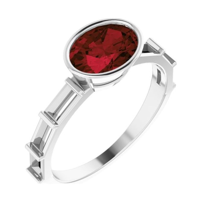 Oval Garnet Bezel-Set Engagement Ring in 14K White Gold with 1.5 ct oval diamond