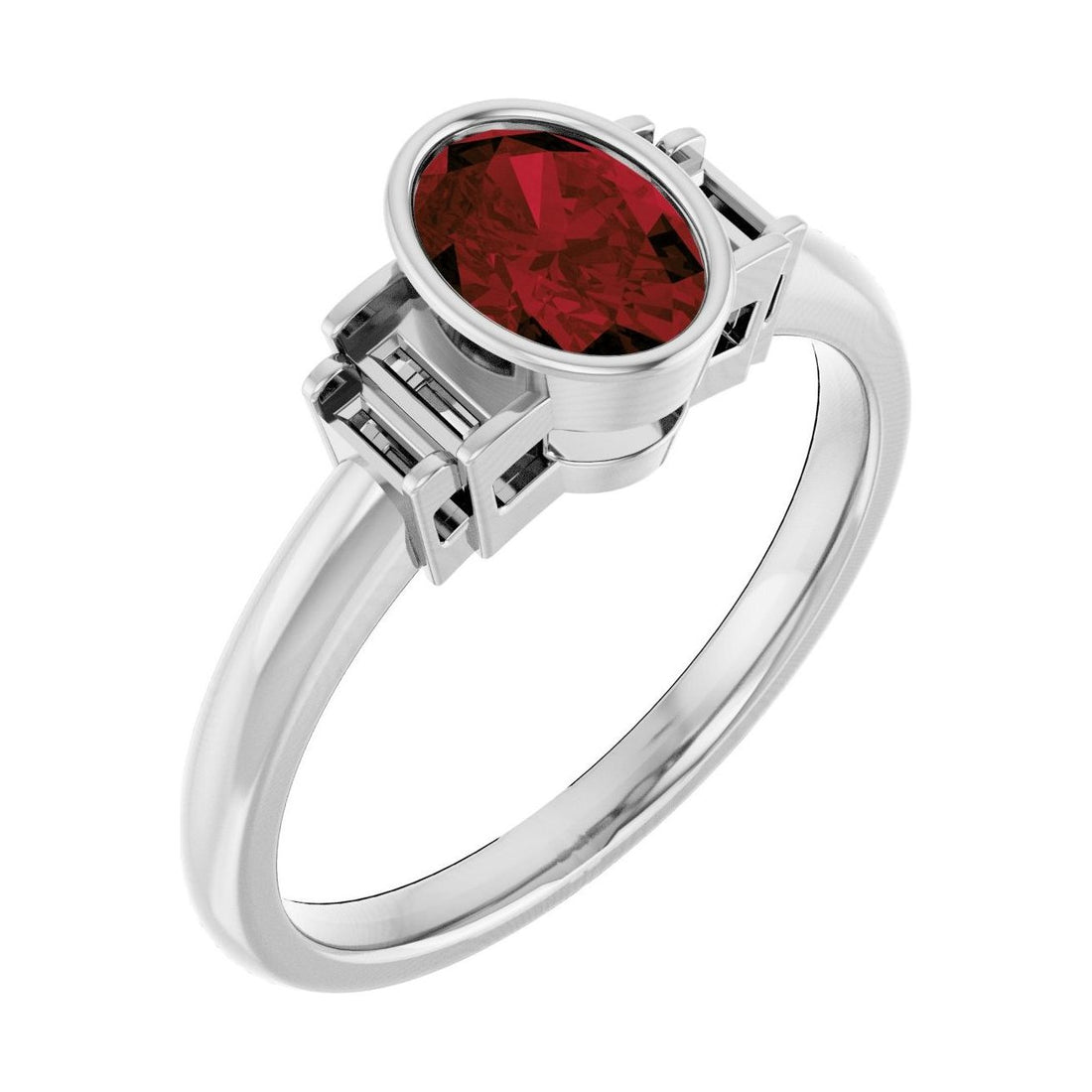 Oval Garnet Bezel-Set Engagement Ring in 14K White Gold with 1.0 ct oval diamond