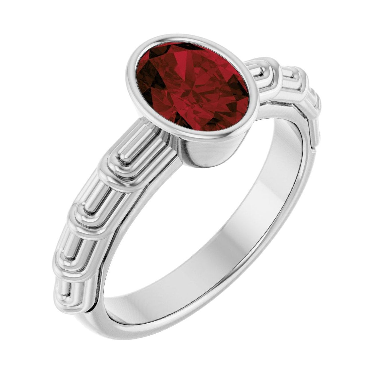 Oval Garnet Bezel-Set Engagement Ring in 14K White Gold with 1.5 ct oval diamond