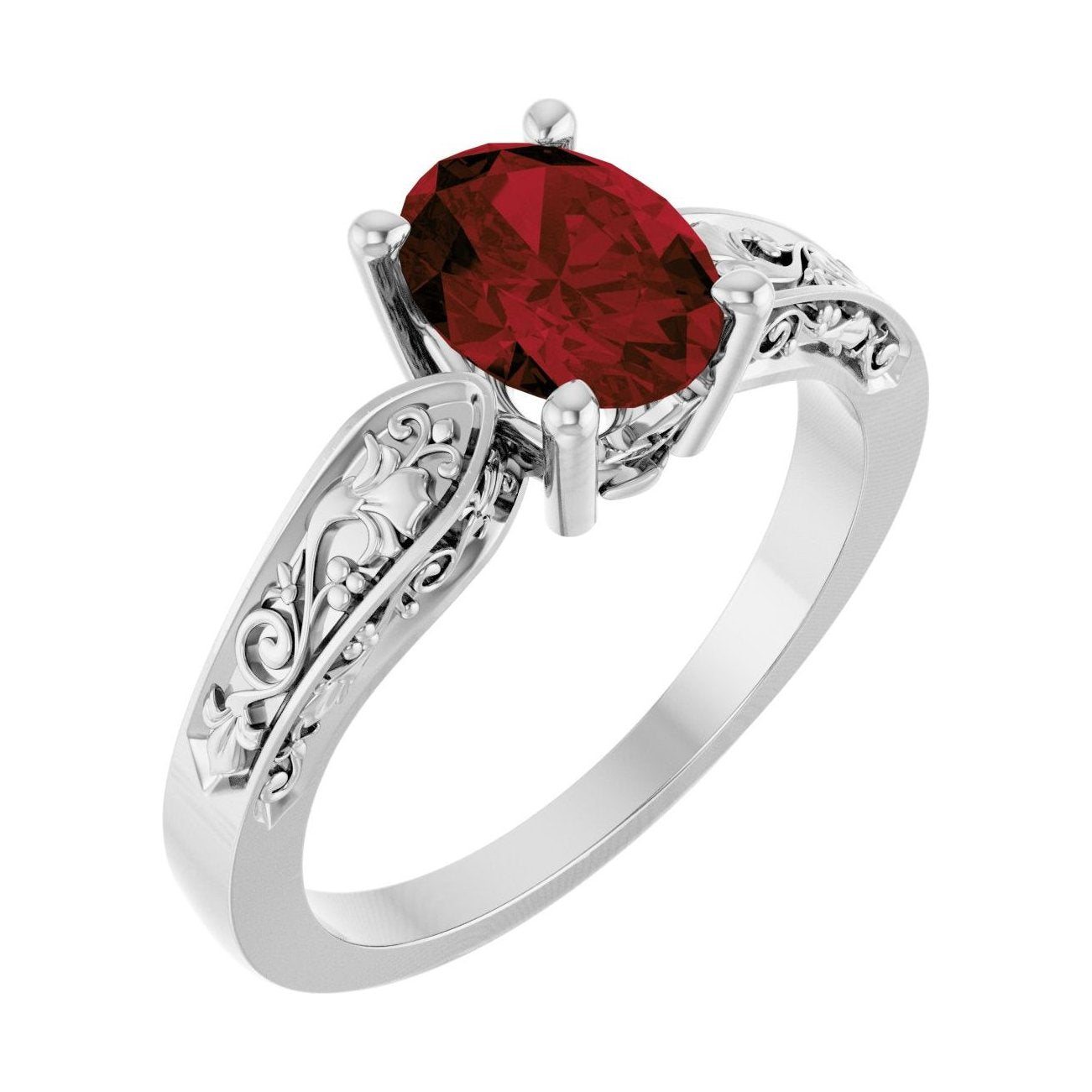Oval Garnet Floral Sculptural Solitaire Engagement Ring in 14K White Gold with 1.5 ct oval diamond