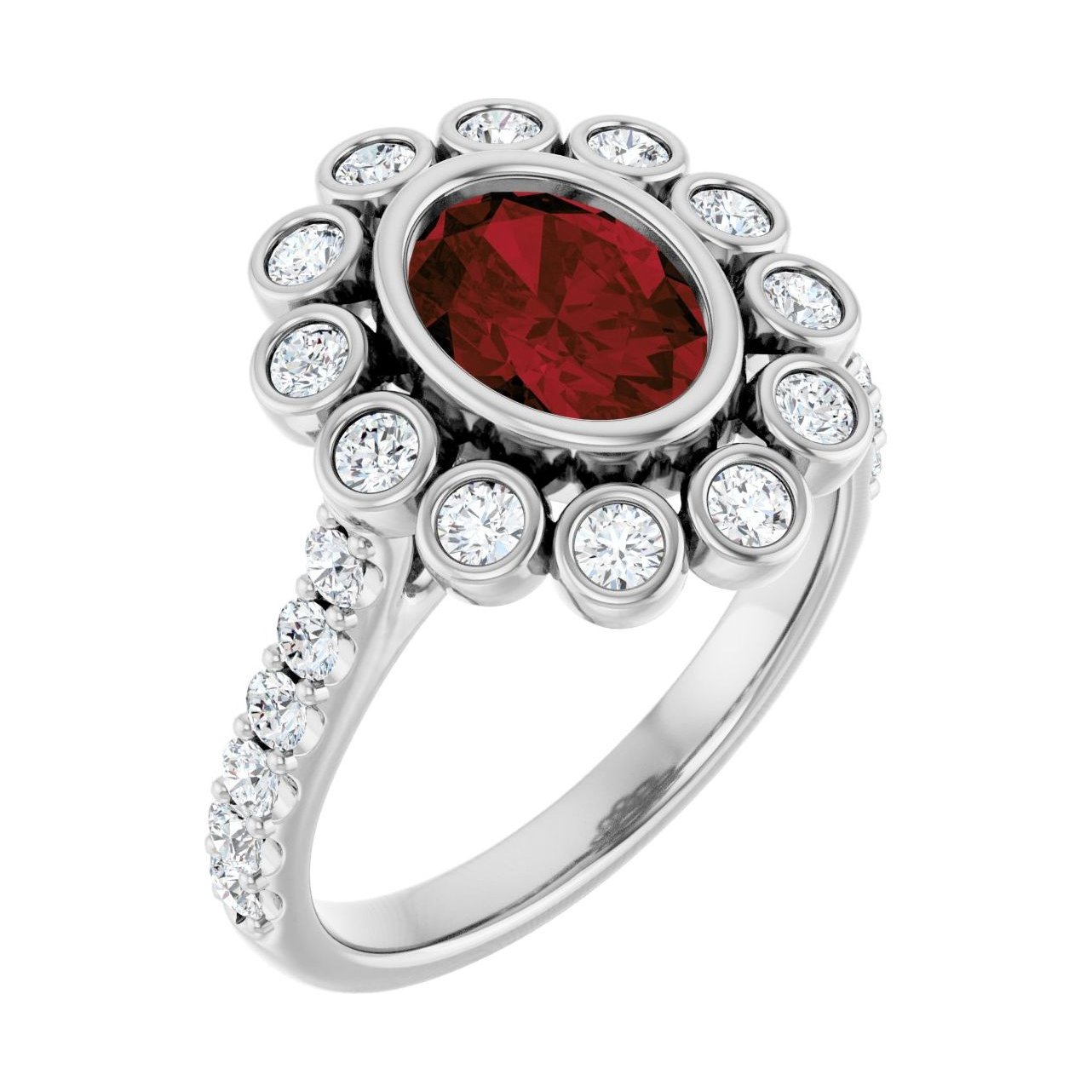 Oval Garnet Halo-Accented Bezel-Set Engagement Ring in 14K White Gold with 1.5 ct oval diamond