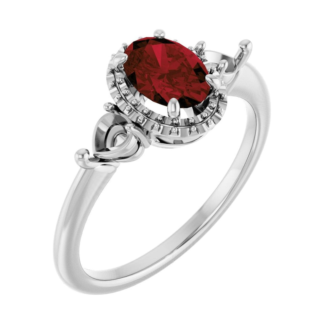 Oval Garnet Halo-Accented Three-Stone Engagement Ring in 14K White Gold with 1.0 ct oval diamond