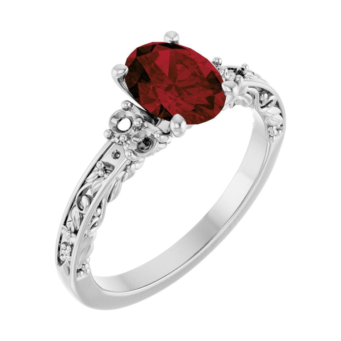 Oval Garnet Sculptural Pavé Engagement Ring in 14K White Gold with 1.5 ct oval diamond