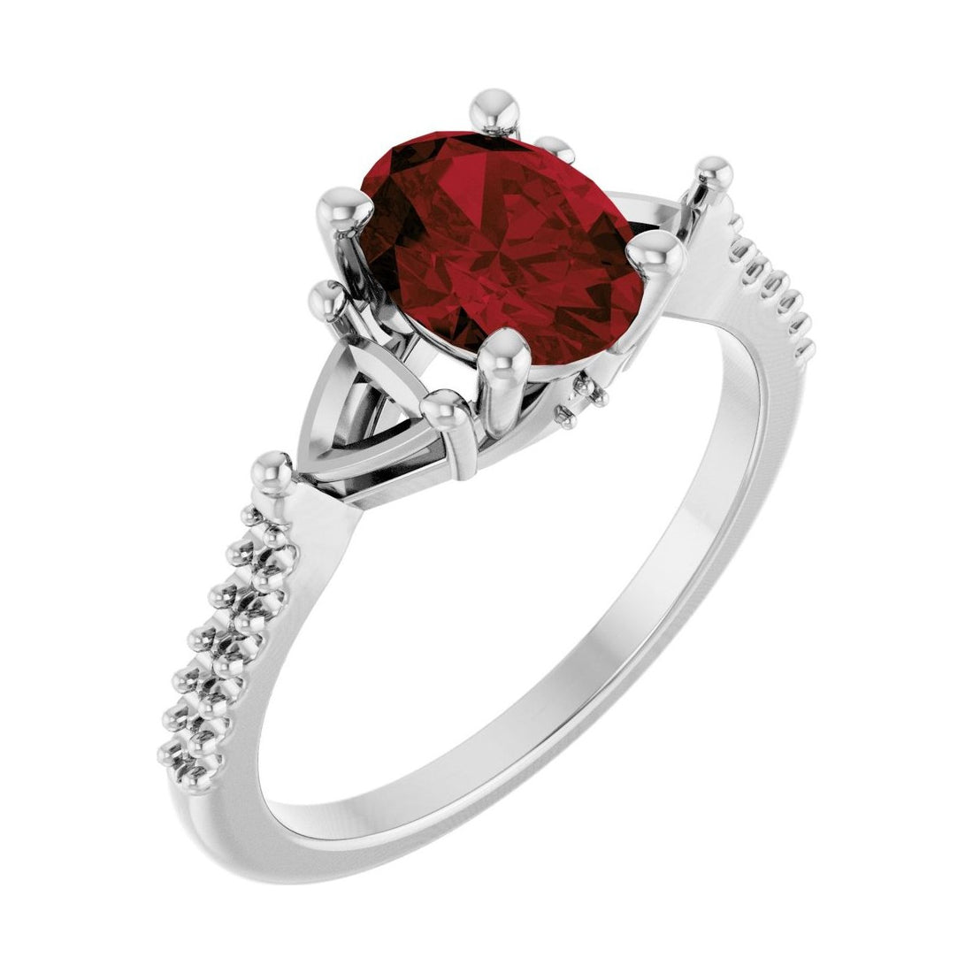Oval Garnet Three-Stone Engagement Ring in 14K White Gold with 1.5 ct oval diamond