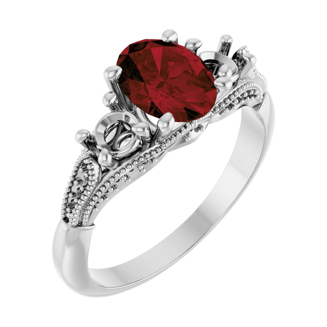 Oval Garnet Three-Stone Engagement Ring in 14K White Gold with 1.5 ct oval diamond