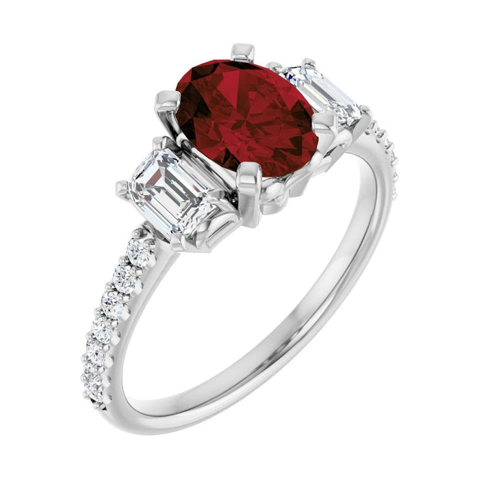 Oval Garnet Three-Stone Engagement Ring in 14K White Gold with 1.5 ct oval diamond