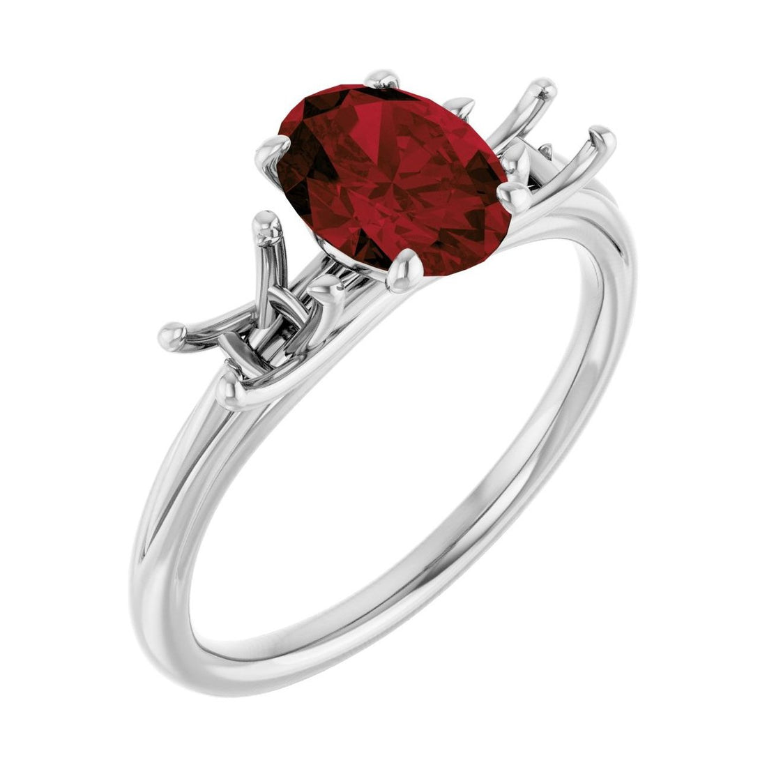Oval Garnet Three-Stone Engagement Ring in 14K White Gold with 1.5 ct oval diamond