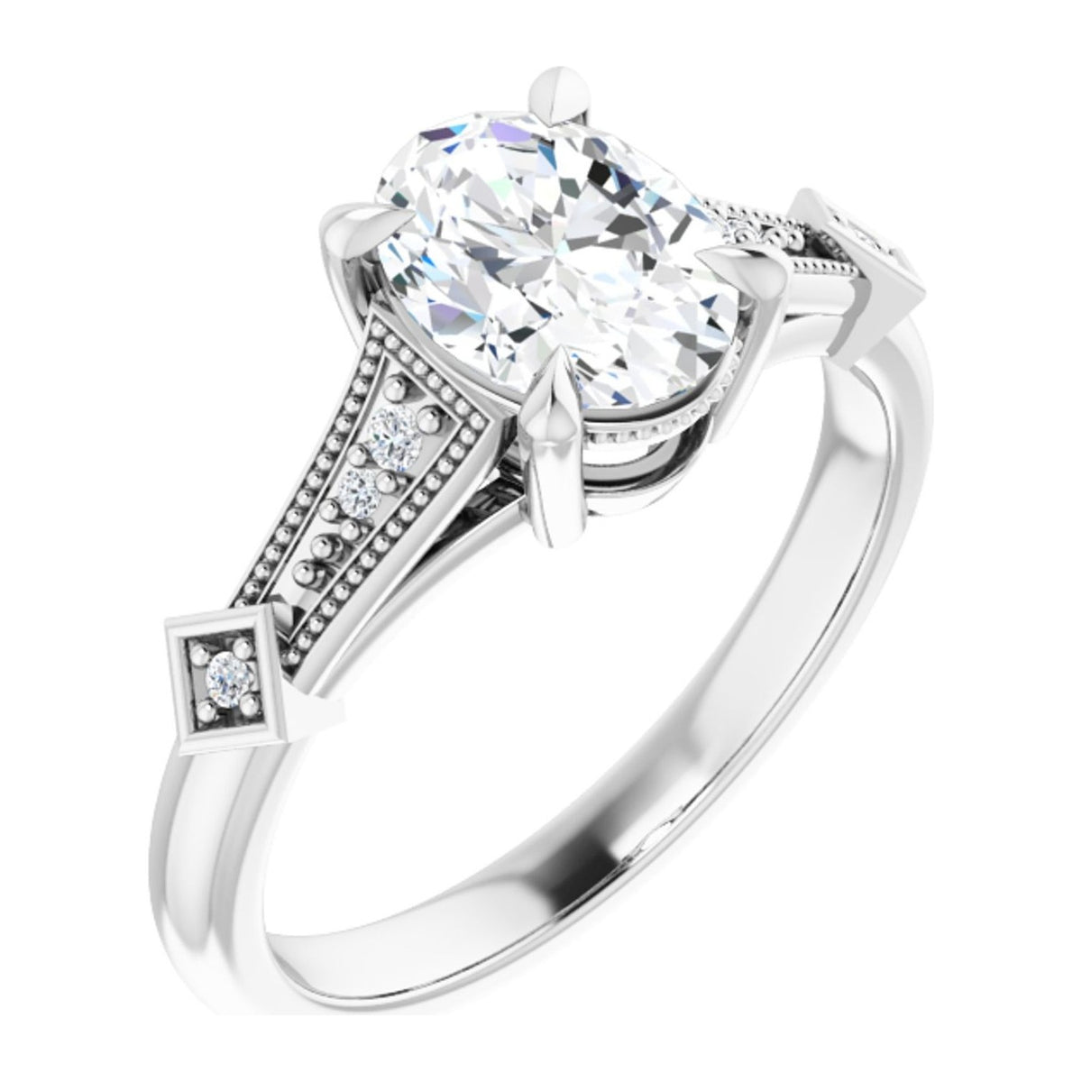Oval Lab-Grown Diamond Art Deco Milgrain engagement ring in 14K White Gold, shown with a 1.10 ct center