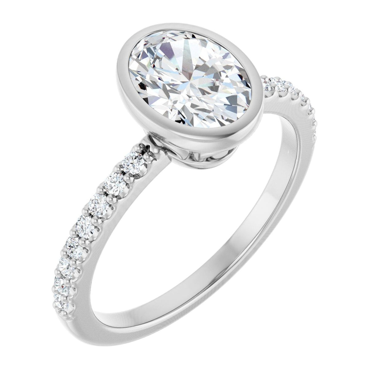 Oval Lab-Grown Diamond Bezel Pavé engagement ring in 14K White Gold, shown with a 1.10 ct center