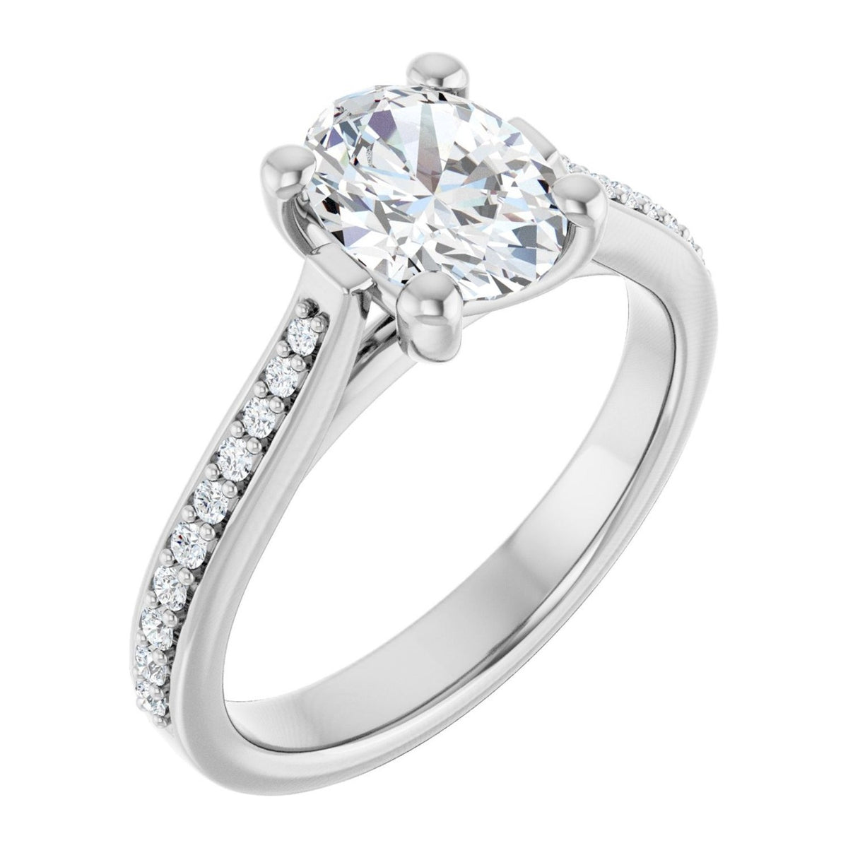 Oval Lab-Grown Diamond Cathedral Pavé engagement ring in 14K White Gold, shown with a 1.10 ct center