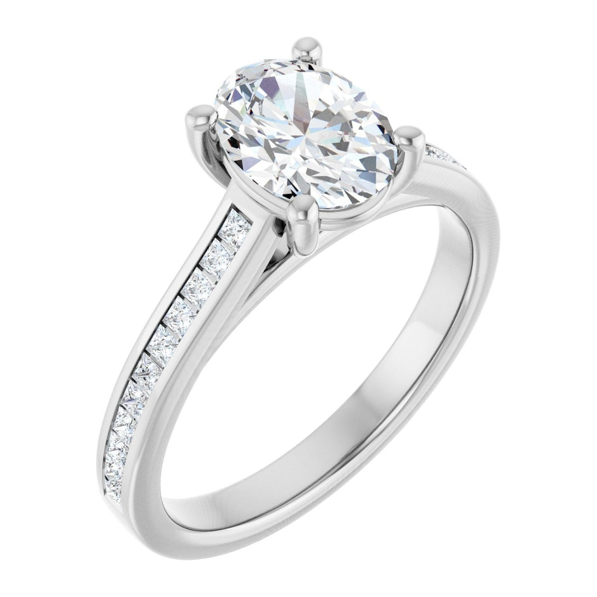 Oval Lab-Grown Diamond Channel-Set Cathedral engagement ring in 14K White Gold, shown with a 1.10 ct center