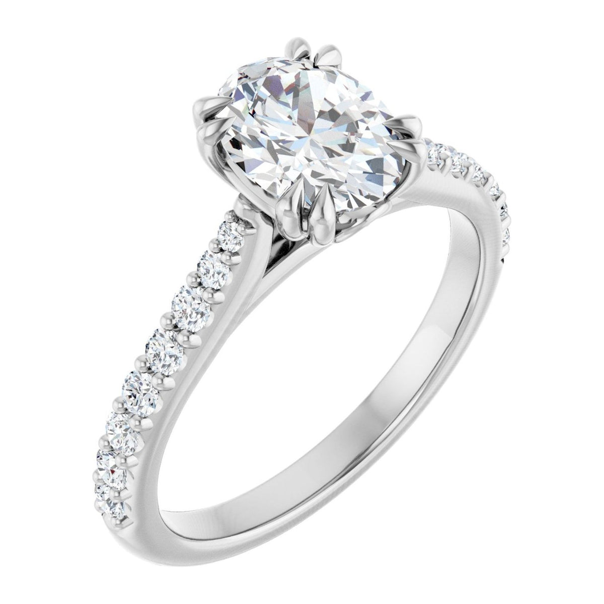 Oval Lab-Grown Diamond Double Claw-Prong Cathedral Pavé engagement ring in 14K White Gold, shown with a 1.10 ct center
